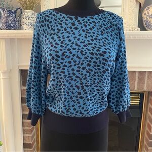 Ann Taylor Navy & Blue Leopard Print Knit Sweater Bubble 3/4 Length Sleeves NWT